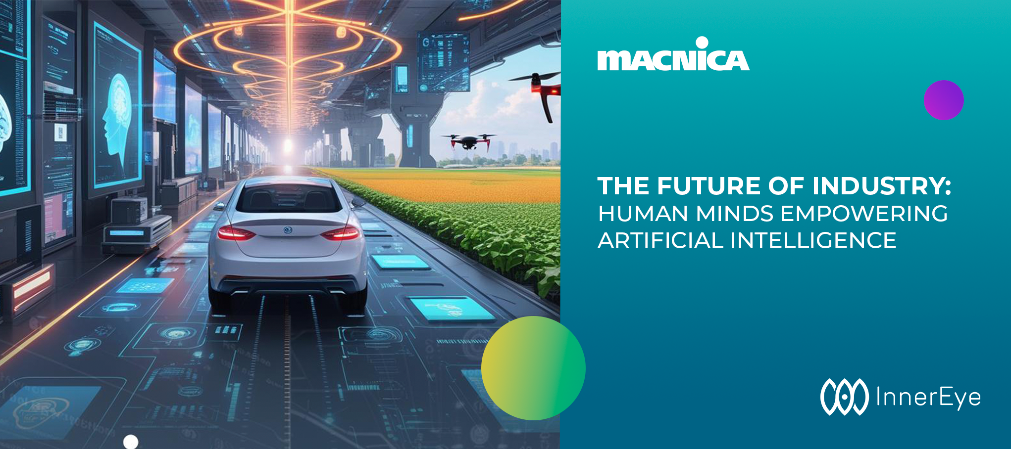 A white self-driving car on a smart road, with AI screens, drones, and futuristic farming.