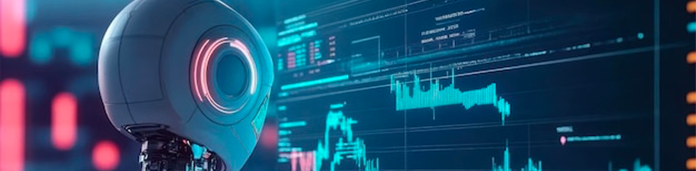 Humanoid robot looking at graph