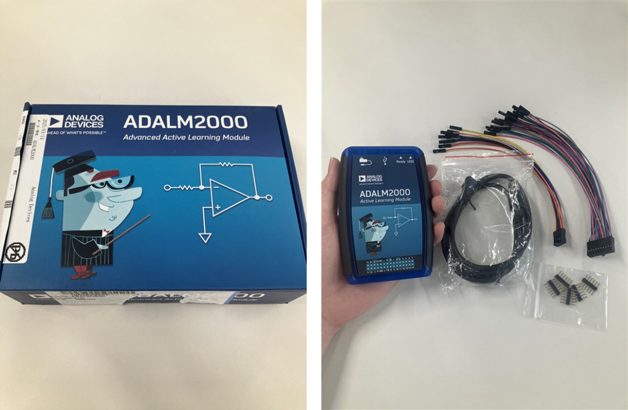 图2 ADALM2000 开箱图：包装盒 (左)、套件组件 (右)
