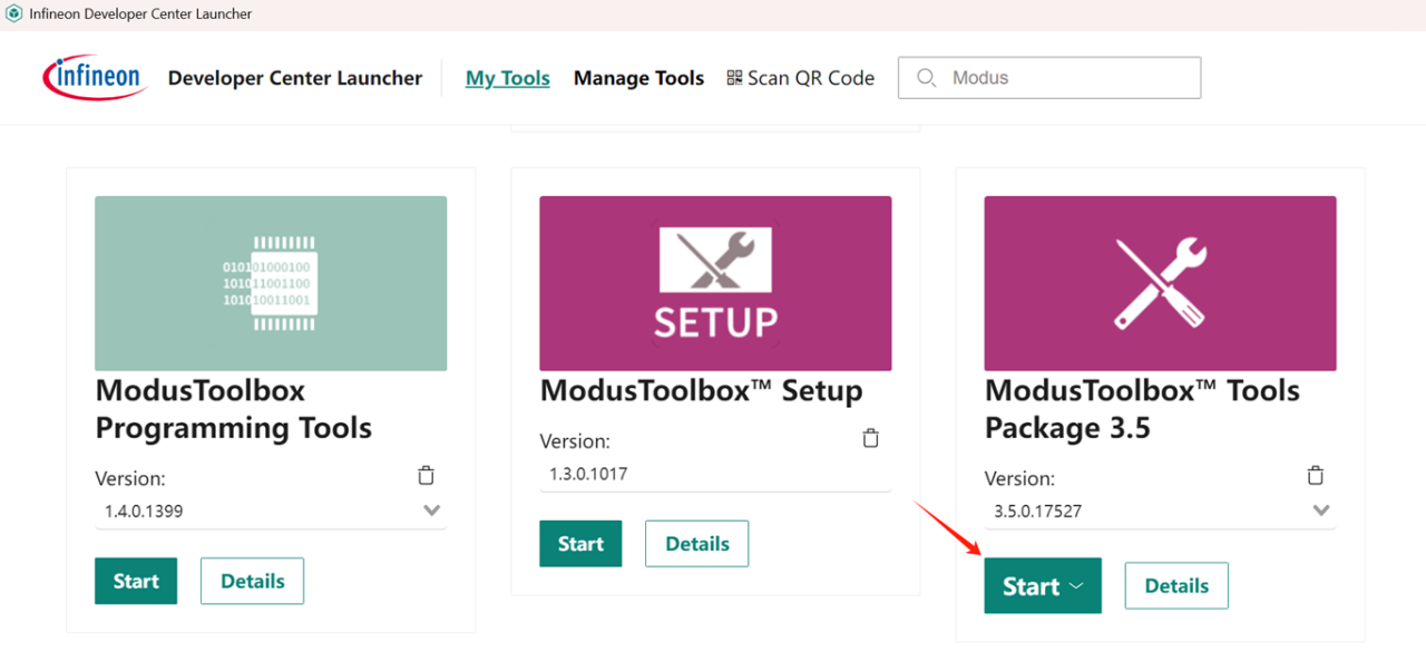 图2 选择 ModusToolbox Tools Package 3.5