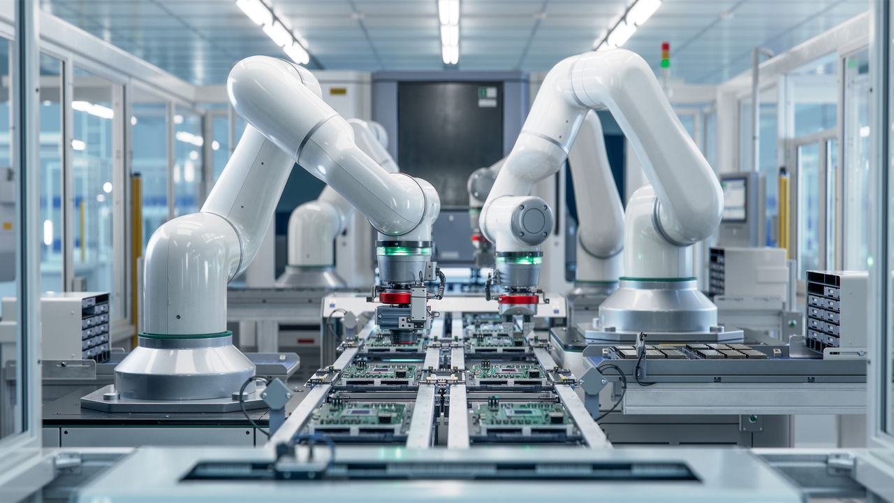 Fully Automated Modern PCB Assembly Line Equipped with Advanced High Precision Robot Arms at Bright Electronics Factory. Electronic Devices Production Industry. Component Installation on Circuit Board